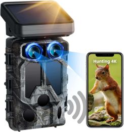 Solar Powered WiFi Tracking Camera 60MP Native 30fps 4K Dual Lens Game Hunting Camera Bluetooth Night Vision 0.1 Second Trigger Motion Activated