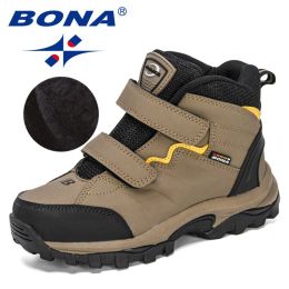 BONA 2020 New Designers Outdoor Hiking Boots Kids Leather Mountain Boots Children Climbing Sport Snow Shoes Boys Plush Warm (Color: Medium grey black, size: 3.5)