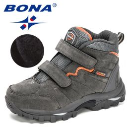 BONA 2020 New Designers Outdoor Hiking Boots Kids Leather Mountain Boots Children Climbing Sport Snow Shoes Boys Plush Warm (Color: Dark grey orange, size: 5)