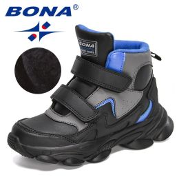 BONA 2022 New Designers High Top Winter Hiking Shoes Children Warm Sports Shoes Boys Non-slip Outdoor Plush Ankle Boots Girls (Color: Black royal blue, size: 3.5)