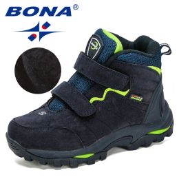 BONA 2020 New Designers Outdoor Hiking Boots Kids Leather Mountain Boots Children Climbing Sport Snow Shoes Boys Plush Warm (Color: Deep blue F green, size: 4)