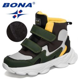 BONA 2022 New Designers High Top Winter Hiking Shoes Children Warm Sports Shoes Boys Non-slip Outdoor Plush Ankle Boots Girls (Color: Light gray D brown, size: 3.5)