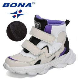 BONA 2022 New Designers High Top Winter Hiking Shoes Children Warm Sports Shoes Boys Non-slip Outdoor Plush Ankle Boots Girls (Color: Light beige purple, size: 5.5)