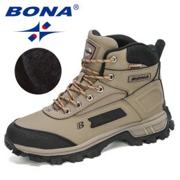 BONA 2022 New Arrival Pro-Mountain Ankle Hiking Boots Men Outdoor Sports Plush Warm High Top Walking Training Footwear Masculino (Color: Medium grey black, size: 8)