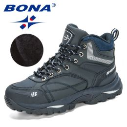 BONA 2022 New Designers Nubuck Hiking Boots Men Winter Shoes Walking Climbing Mountain Sport Boots Man Plush Warm Snow Footwear (Color: Deep blue S gray, size: 9.5)