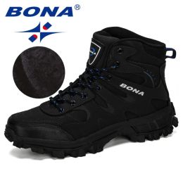 BONA New Designers Nubuck Hiking Boots Krasovki Tactical Shoes Men Outdoor Non-Slip Hiking Shoes Man Mountain Shoes Trendy (Color: Charcoal grey R blue, size: 8.5)