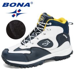 BONA 2022 New Arrival Action Leather Hiking Shoes Men Trekking Sneakers Mountain Plush Snow Boots Man Anti-Slippery Footwear (Color: White D blue yellow, size: 9.5)