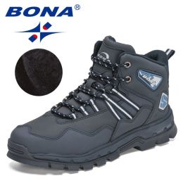 BONA 2022 New Designers Action Leather Plush Hiking Boots High Top Walking Shoes Men Work Mountain Sport Ankle Boots Mansculino (Color: Deep blue S gray, size: 9.5)