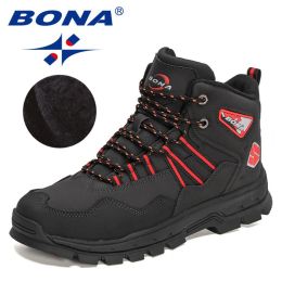 BONA 2022 New Designers Action Leather Plush Hiking Boots High Top Walking Shoes Men Work Mountain Sport Ankle Boots Mansculino (Color: Charcoal grey red, size: 9)