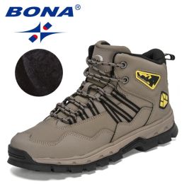 BONA 2022 New Designers Action Leather Plush Hiking Boots High Top Walking Shoes Men Work Mountain Sport Ankle Boots Mansculino (Color: Medium grey black, size: 8)