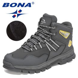 BONA 2022 New Designers Action Leather Plush Hiking Boots High Top Walking Shoes Men Work Mountain Sport Ankle Boots Mansculino (Color: Dark grey yellow, size: 8.5)