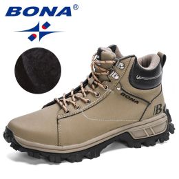 BONA 2022 NewDesigners Nubuck Sports Tactical Boots Men Hiking Mountain Shoes High Top Plush Tactical Footwear Masculino Comfy (Color: Medium grey black, size: 8)