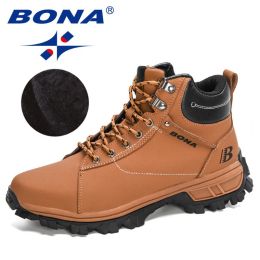 BONA 2022 NewDesigners Nubuck Sports Tactical Boots Men Hiking Mountain Shoes High Top Plush Tactical Footwear Masculino Comfy (Color: Light brown black, size: 10.5)