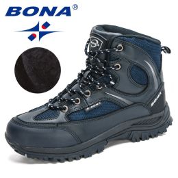 BONA 2022 New Designers Nubuck Shoes Men Outdoor Sports Tactical Male Boots Hiking Mountain Shoes Man Camping Climbing Footwear (Color: Deep blue S gray, size: 10.5)