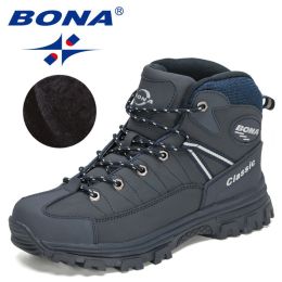 BONA 2022 New Designers Classics Winter Snow Boots Men Action Leather Super Warm Ankle Boots Man Hiking Boots Plush Shoes Male (Color: Deep blue S gray, size: 10.5)